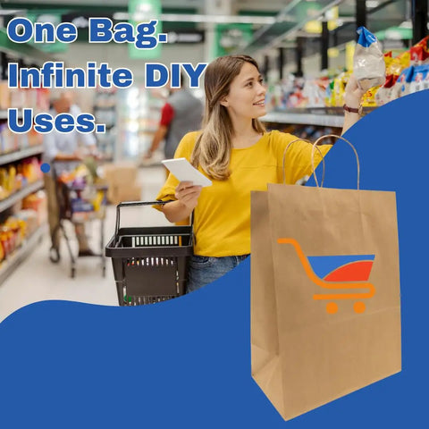 Woman shopping in a supermarket with DIY Grocery Paper Bags 200 Pack 14x10x15.75 Inch Kraft Color With Handles 110 GSM featured