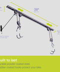 Ceiling Bike Hoist Pro Two Pack Hassle Free Assembly And Preassembled Bike Hangers For Garage Storage with dimensions marked.