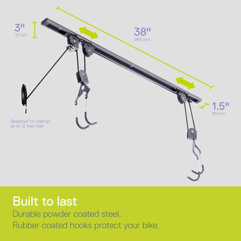Ceiling Bike Hoist Pro Two Pack Hassle Free Assembly And Preassembled Bike Hangers For Garage Storage with dimensions marked.