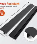 Stove Gap Cover 21 Inch Silicone Gap Filler for Kitchen Counter and Stove Heat Resistant Easy Install Easy Clean Keeps Crumbs and Spills Out Black 2 Pack, showcasing heat resistance up to 446°F with dimensions.