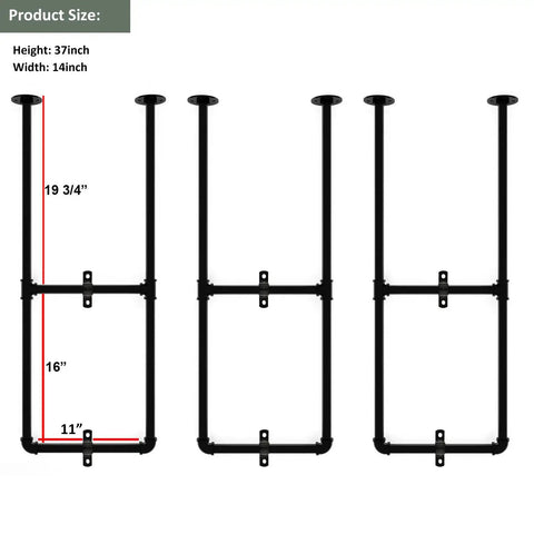 37 Inch Black Ceiling Mount Shelf Bracket Set With 3 Pairs U Shape Pipe Brackets For Kitchen Storage No Planks Included Kickass Heavy Duty Ceiling Shelf Kit Bundle, showing dimensions and measurements.