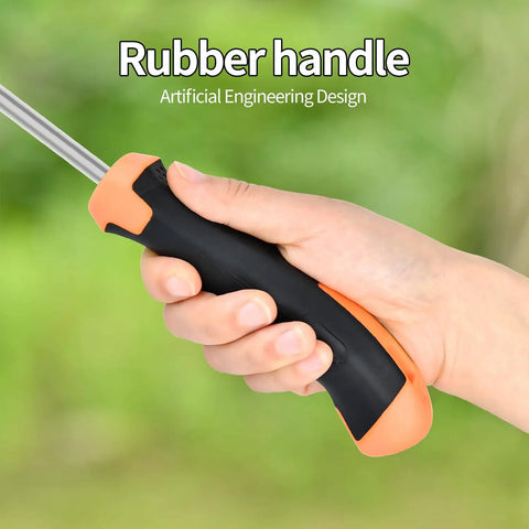 Hand holding Five Teeth Weed Puller Tool With Rubber Handle Upgraded Stainless Steel Hand Weeder For Garden And Yard Pro Root Remover