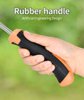 Hand holding Stainless Steel Weed Puller Tool With Four Teeth Dual Purpose Garden Weeder For weeding in tight spots, rubber handle
