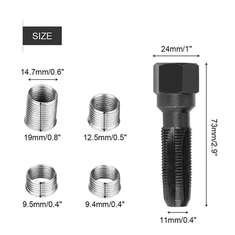 14mm By 1.25 Plug Thread Repair Kit With Heavy Duty Hardened Carbon Steel Tap And Four Inserts For Damaged Plug Threads Engine Maintenance And DIY Auto And Motorcycle Projects Pro Grade, showing tap and four inserts with dimensions