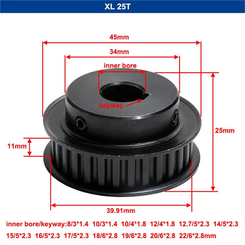 Top Shelf XL Timing Belt Pulley Wheel Featuring 25 Or 26 Teeth In Heavy Duty Black Steel Bf Build With Quick Slide Keyway Bores That Work Like A Charm For A Rock Solid 11Mm Belt Install, 25 teeth, 45mm diameter.