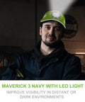 Man wearing Lightweight Bump Cap With LED Light For Work Safety Baseball Cap Style Hard Hat Alternative, lime green color.