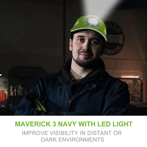 Man wearing Lightweight Bump Cap With LED Light For Work Safety Baseball Cap Style Hard Hat Alternative, lime green color.