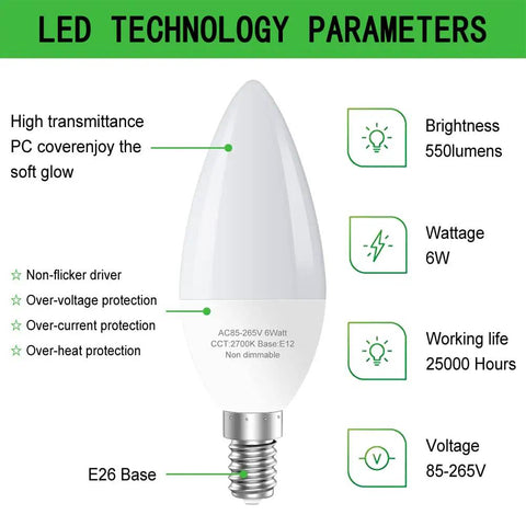 6-Pack E12 LED Candle Light Bulbs 60W Equivalent Non Dimmable Daylight 5000K Type B For Chandeliers And Ceiling Fans No Fuss Install Energy Saving 550 Lumens High CRI Flicker Free Long Lasting Home Decor Lighting