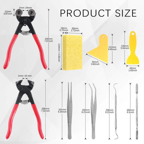 Mosaic Tile Nippers Kit Pro Grade With Heavy Duty Glass Nippers measurement guide, including scrapers, tweezers, hook, spatula, sponge dimensions
