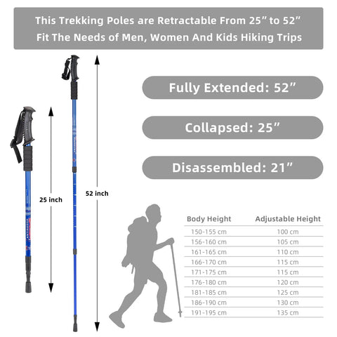 Ultimate Go To Collapsible Trekking Poles for Hiking, Ultra Lightweight, Adjustable 25 to 52 Inches, size comparison chart