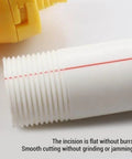 HaloVerde Electric Drill Pipe Threader Kit With 3 Dies For Pvc Pipes showing smooth cut on white PVC pipe with perforation mark.
