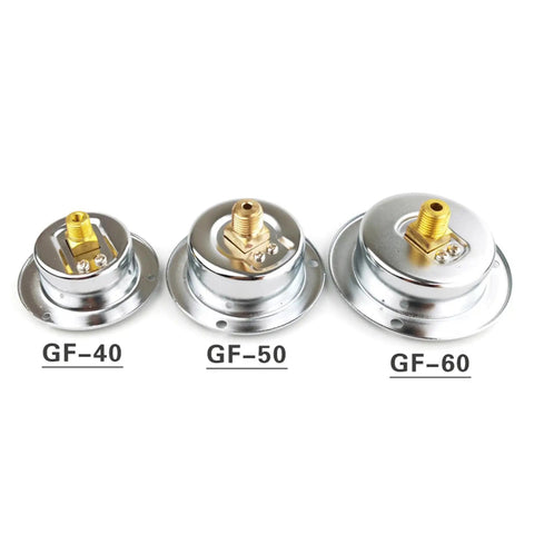 Back view of three brass industrial pressure gauges GF-40, GF-50, GF-60 showcasing thread fittings for equipment monitoring.