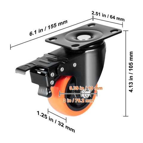 Heavy Duty 3 Inch Swivel Plate Casters Set Of 4 With Secure Ab Locking Mechanism And Non Marking Pvc Wheels Rated At 250 Lb Each close-up view showcasing dimensions.