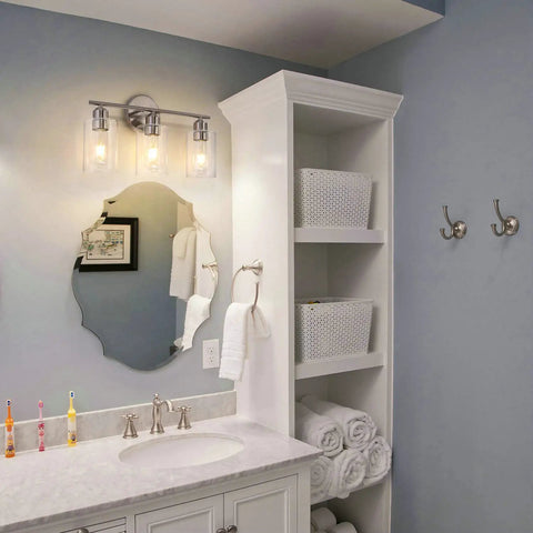 Three Light Bathroom Vanity Light In Brushed Nickel Finish With Clear Glass Shades Wall Mounted Over Mirror Hardwired Bath Light Fixtures