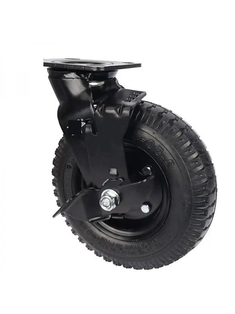 Built Like A Tank Eight Inch Pneumatic Rubber Caster With Rock Solid Side Brake for smooth hotel luggage cart use.