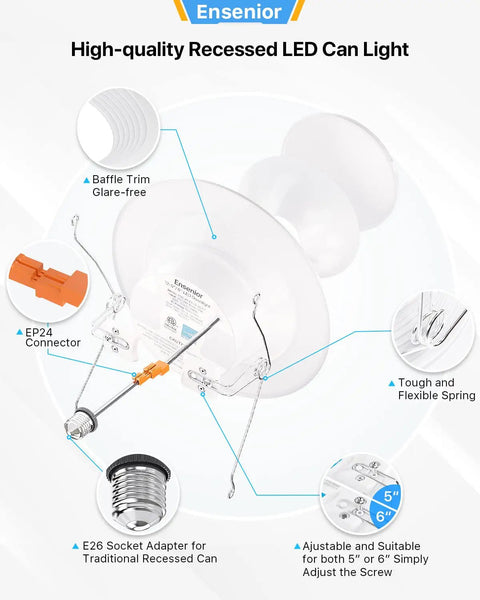 Components of 24 Pack 5/6 Inch LED Can Lights Retrofit Recessed Lighting with Dimmable Smooth Metal Trim, 6000K Daylight White, 1100LM