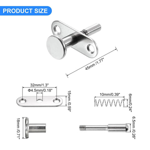 Detailed dimensions of the 8-Pack Heavy Duty Steel Plunger Latches 45Mm Long Spring Activated Tuck Latch Rod for Toolboxes Cabinets.