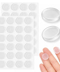 Clear Glass Table Top No Slip Pads 48Pcs Self Adhesive Rubber Bumpers 20mm By 2mm Non Slip Dots shown on sheets and fingers