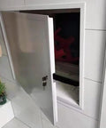 Heavy Duty Recessed Access Panel With Lock, Fire Rated Ceiling Hatch And Wall Inspection Door, Drywall Cover Plate For Attic Plumbing And Electrical, 24X28 Aluminum Plate showing open access door with key lock.
