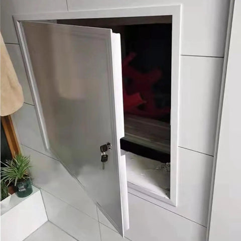 Heavy Duty Recessed Access Panel With Lock, Fire Rated Ceiling Hatch And Wall Inspection Door, Drywall Cover Plate For Attic Plumbing And Electrical, 24X28 Aluminum Plate showing open access door with key lock.