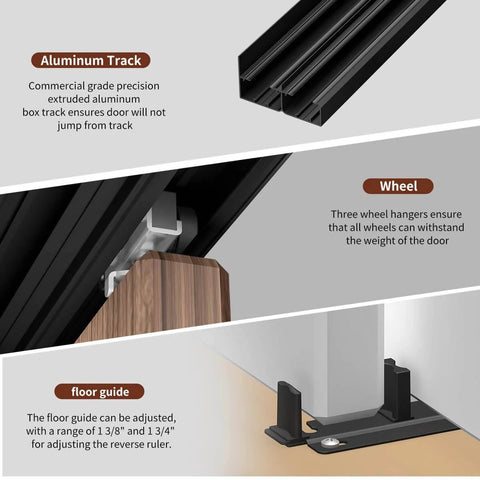 Heavy Duty Bypass Sliding Closet Door Track Set 72 Inch Aluminum Pocket Rail for Two Door Setup, detailed components view