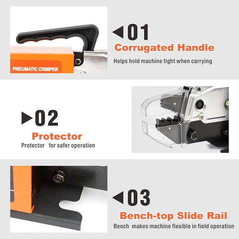 Heavy Duty Pneumatic Crimping Tool For Electrical Wire Terminal Dies Up To 16mm2 Air Powered Crimper plier with corrugated handle and slide rail.