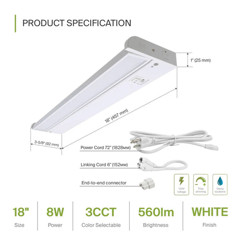 18 Inch Dimmable Under Cabinet Lighting With Swivel Lens 3CCT 2700K to 4000K Plug In Or Hardwired 50 Degree Rotatable Lens Specs