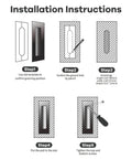 Installation instructions for Matte Black Pocket Door Hardware with Recessed Flush Finger Pull, 5-step process overview.