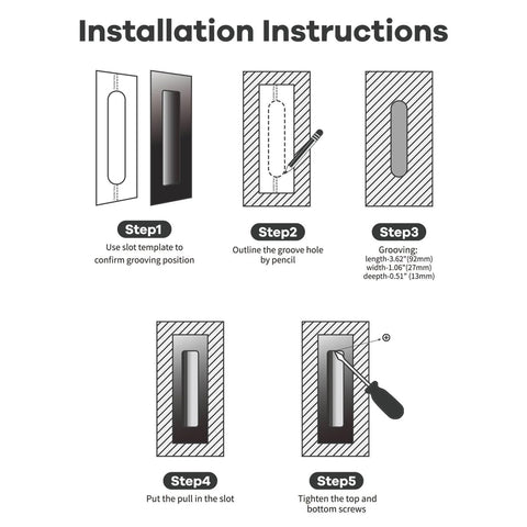 Installation instructions for Matte Black Pocket Door Hardware with Recessed Flush Finger Pull, 5-step process overview.