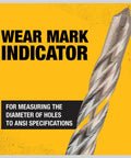 Rock Carbide SDS Plus Hammer Bit Three Eighths Inch By 16 Inch By 18 Inch with wear mark indicator for diameter measurement.