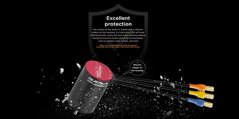 Quicrun 2435SL G3 4500KV Brushless RC Motor with black finish and colored wires, showing silicone protection in rugged environment