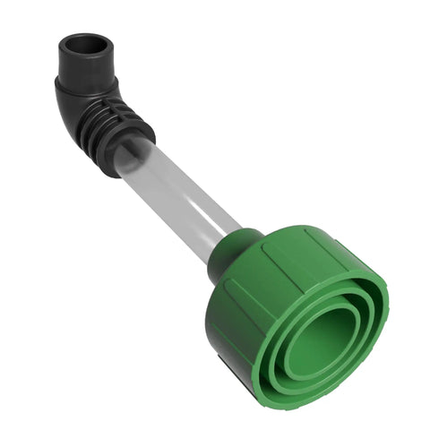 AC Drain Line Cleaner Adapter with clear view tube and easy grip elbow, designed to evacuate and unclog PVC HVAC drain lines, universal fit.