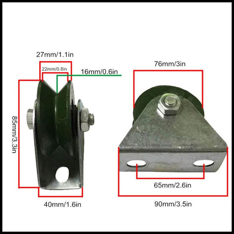 EVXOIJM 2 V-Groove caster wheel with cast-iron wheel and mounting bracket; side and top views