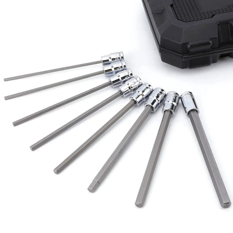 Three Eighth Inch Drive Long Hex Bit Socket Set 18 Piece With Deep Reach Hex Sockets laid out next to a black case