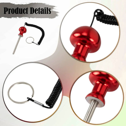 Weight Stack Pin With Lanyard For Gym And Weightlifting, Aluminum Alloy Loading Pin, Replacement Pin For Functional Training, Easy Insertion, Durable Fitness Room Accessory showing red design and coiled lanyard.