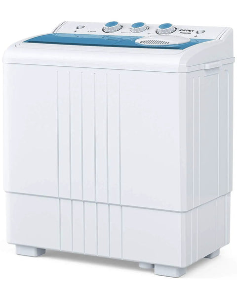 Compact Twin Tub Portable Mini Washer With Built In Drain Pump Semi Automatic Spin Dry Cycle Speedy Daily Washes Save Floor Space And Money For College Students And Busy Households White, side view.