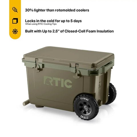 52 Quart Ultra Light Wheeled Cooler Insulated Ice Chest For Beach Camping Fishing Picnics And Boating With All Terrain Wheels Easy Push And Pull Mobility Premium Ice Retention 30 Percent Lighter Than Rotomolded Coolers Olive.