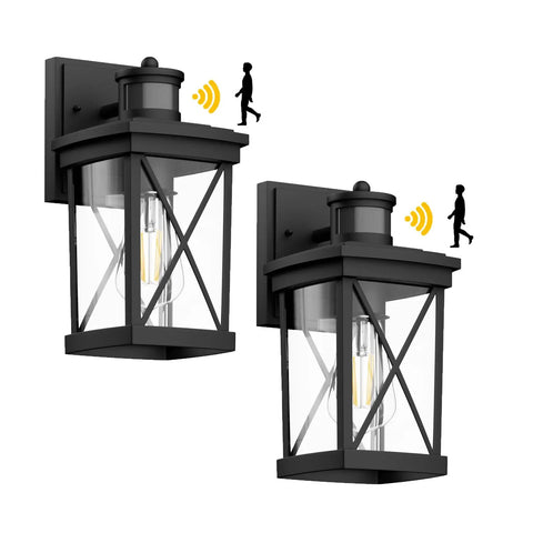 Motion Sensor Wall Sconces Two Pack Dusk To Dawn Outdoor Front Porch Lights Waterproof Auto Night Lighting With Motion Activated Full Brightness Then Dim To Low After One Minute, featuring two black aluminum sconces with clear glass, motion detection icons.