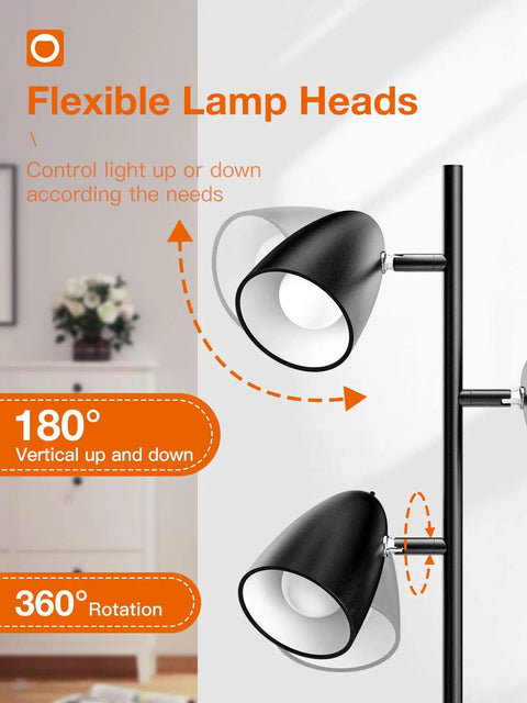 Three 9W LED Bulbs Included Floor Lamp With 3 Adjustable Rotating Heads showing rotation and tilt capabilities