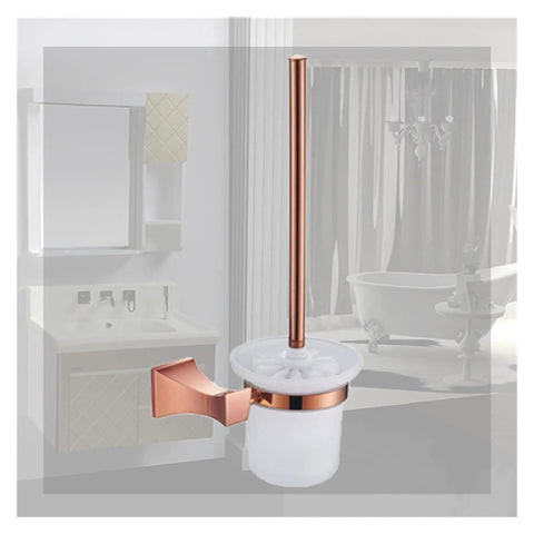 Straight Up Heavy Duty Wall Mounted Toilet Brush Holder With Chrome Suction Pad And Glass Cup in rose gold finish in bathroom.