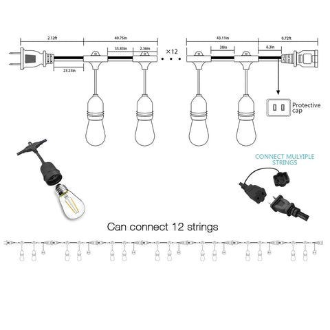 Outdoor String Lights 48 Ft Waterproof Patio Lighting With 2W Dimmable LED Bulbs diagram showing connection of multiple strings