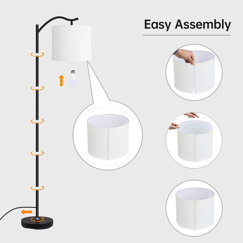 Dope Modern LED Arched Floor Lamp With Natural Linen Shade, assembly process detail, 63-Inch Tall White Standing Lamp.