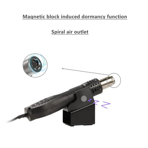 Pro Grade 110V 680W SMD Hot Air Rework Station With 3 Nozzles Soldering Tool For Mobile Phone Repairs Hot Air Welder showcasing magnetic block and spiral air outlet.