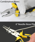 Close-up of 7-inch combination pliers and 6-inch needle-nose pliers from 12 Piece Portable Do It All Homeowner Tool Set For Home And Car Repair