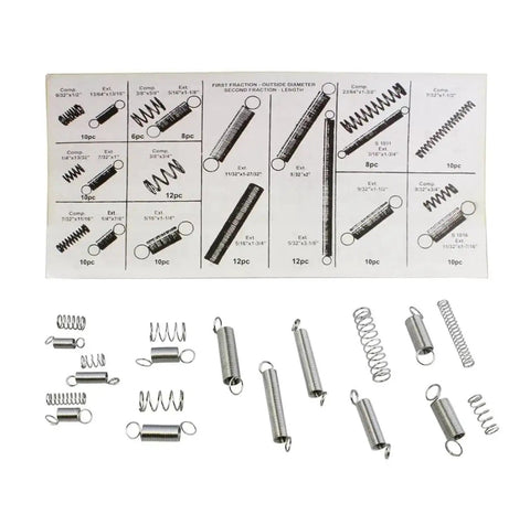 Compression Spring Kit 200 Pieces With Beefy Heavy Duty Coil And Extension Springs shown with detailed specifications sheet