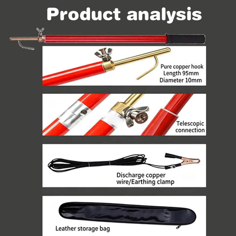 Pro Level Telescoping High Voltage Discharge Rod No Fuss Epoxy Resin Stick For Fast Capacitor Draining And Utility Guy Safety Gear With Slick Pouch Rated 10Kv To 220Kv product parts analysis with copper hook, wire, and pouch.