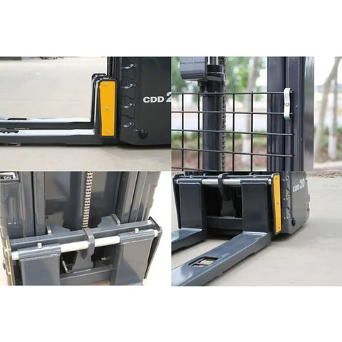 Heavy Hitter Stand Up Electric Pallet Jack With 3300 Lb Capacity And 14.7 Ft Lift Height Plug And Play Rig close-up of base and forks.