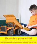 Child playing with Rad Remote Control Dump Truck Toy 2.4G RC 6 Channel Bulldozer, demonstrating hands-on construction play.