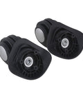 Pair of black plastic spinner luggage wheels with three-hole mounting and center metal bearing