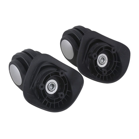 Pair of black plastic spinner luggage wheels with three-hole mounting and center metal bearing